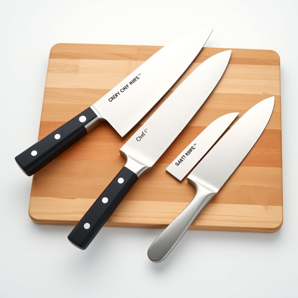 나무 도마 위에 셰프 나이프, 산토쿠, 과도 등 다양한 종류의 주방 칼이 가지런히 놓여 있는 모습