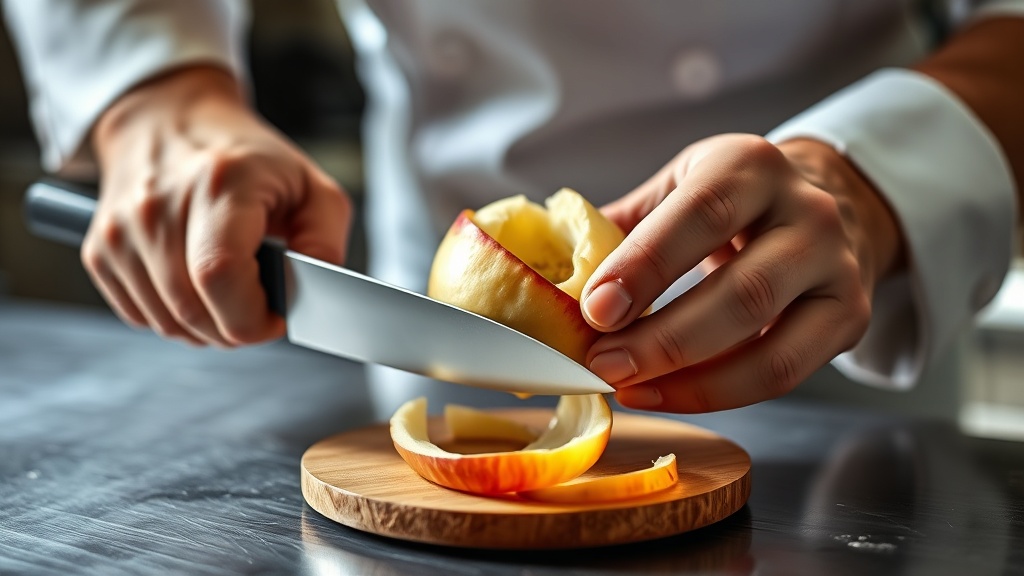 주방에서 페어링 나이프를 사용하여 사과 껍질을 얇고 정교하게 벗겨내는 모습