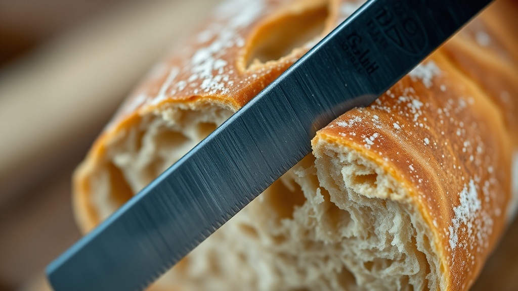 딱딱한 겉면을 가진 바게트를 톱니 모양의 빵칼로 부드럽게 썰어내어 내부의 기공을 살리는 모습