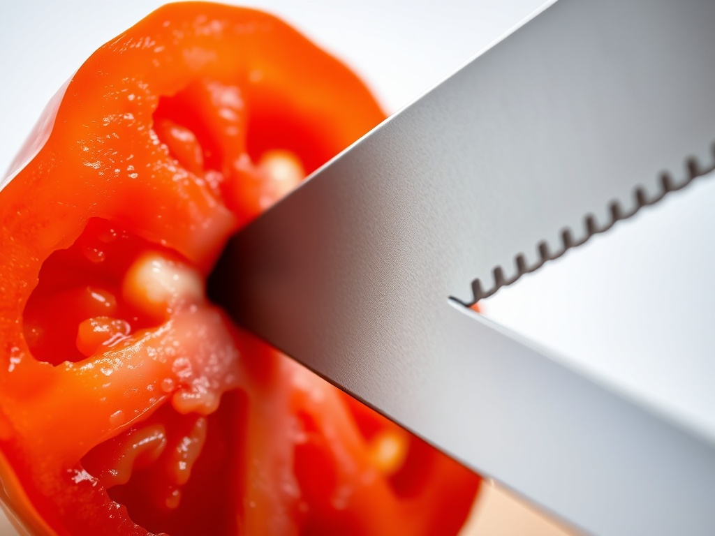 미끄러운 토마토 껍질을 톱니 칼날이 미끄러짐 없이 파고들어 얇게 슬라이스하는 과정