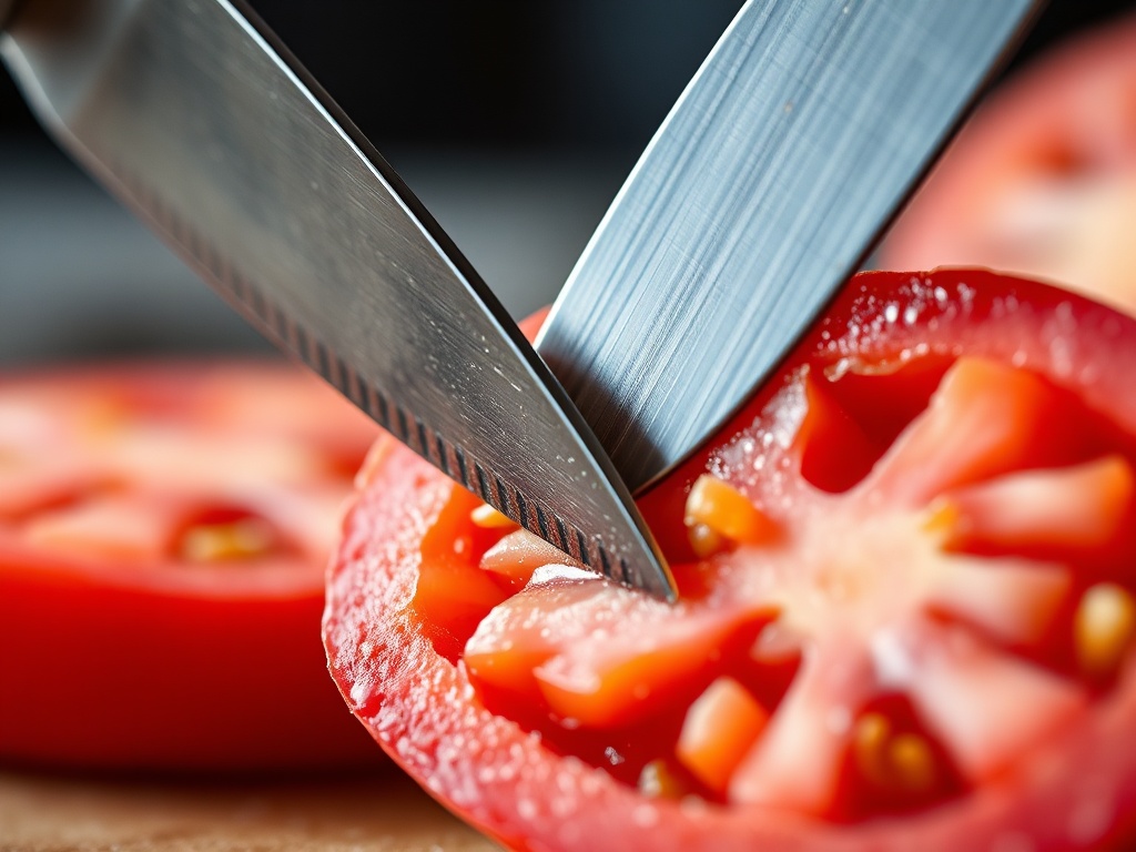 톱니바퀴 형태의 빵칼을 사용하여 부드럽고 즙이 많은 토마토를 뭉개짐 없이 깔끔하게 써는 모습